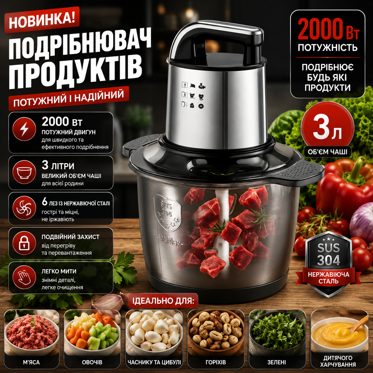 Подрібнювач кухонний Bitek Professional Food Chopper 3л. Чопер подрібнювач кухонний Комбайн для кухни Блендер 3в1 для смузі 2000 Вт