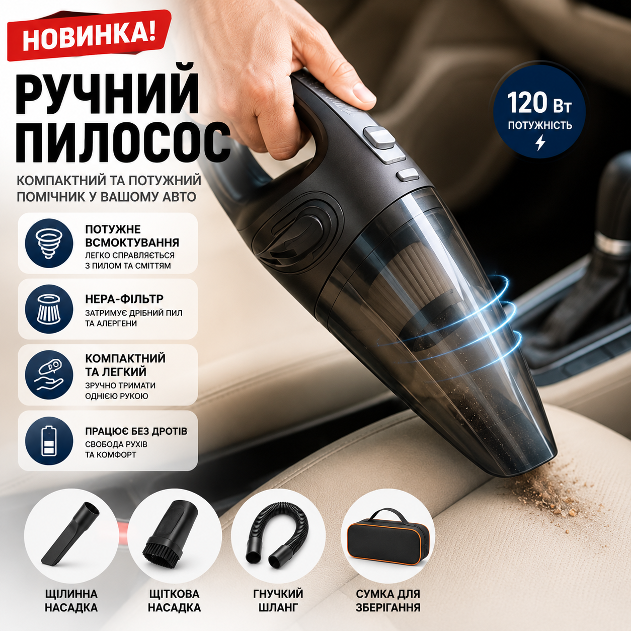 Пилосос автомобільний акумуляторний бездротовий 50 Вт Vacuum Cleaner